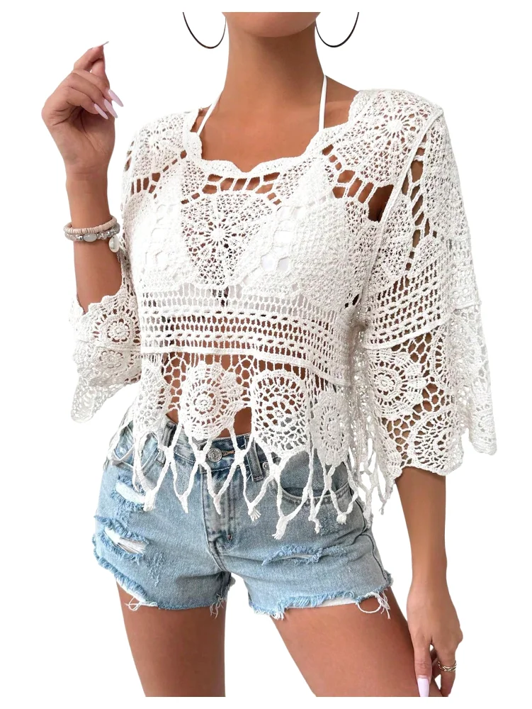 MAKEMECHIC Crochet Fringe Beach Cover-Up