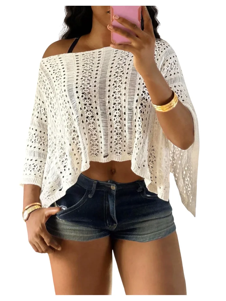 MAKEMECHIC Off Shoulder Hollow Crop Sweater