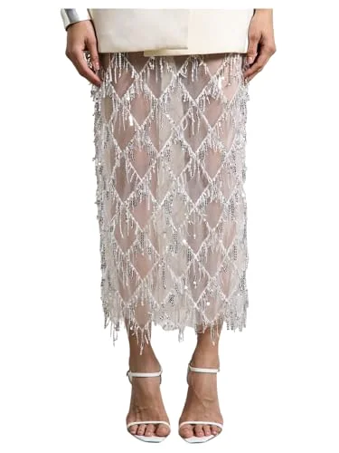 MAKEMECHIC Sequin Fringe Pencil Midi Skirt