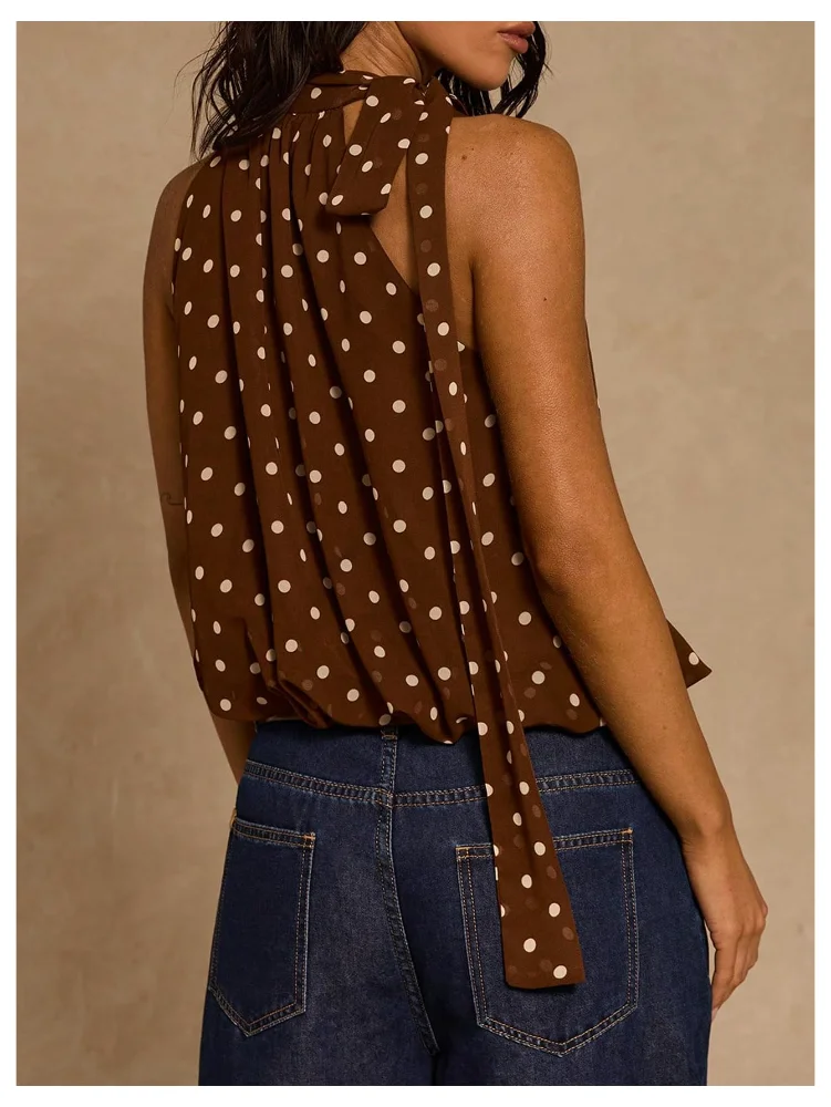 MAKEMECHIC Polka Dot Bubble Tie Halter Top, view 3