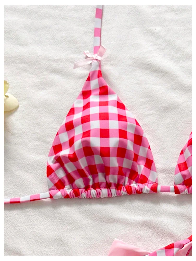 MAKEMECHIC Gingham Triangle Thong Bikini Set, view 3