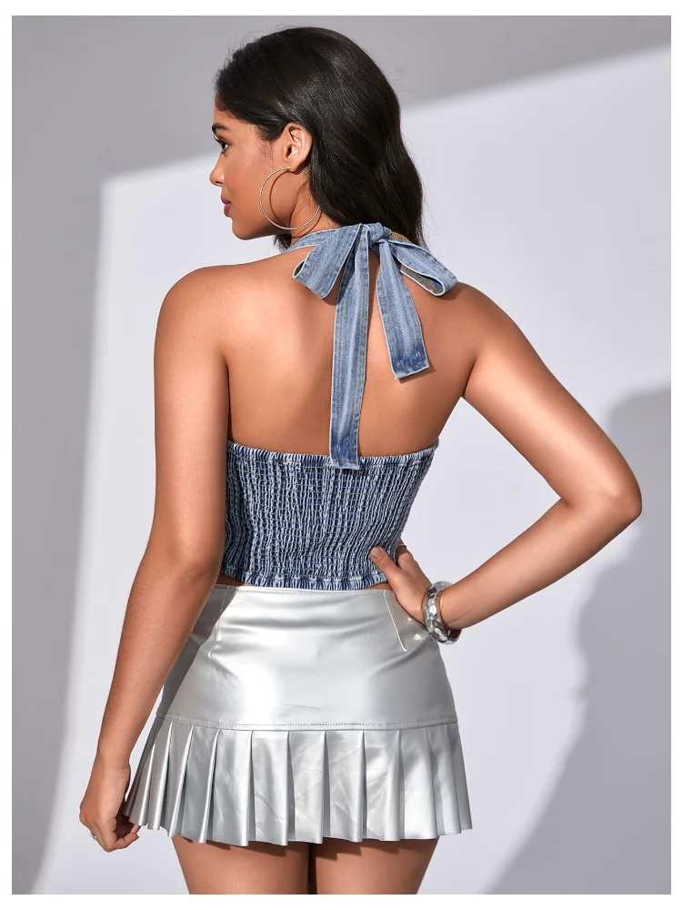 MAKEMECHIC Denim Lace Up Crop Corset Top, halter neck, view 2