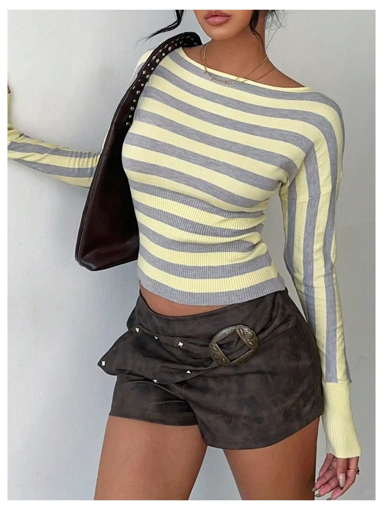 MAKEMECHIC Striped Cinched Waist Crop Top, view 2