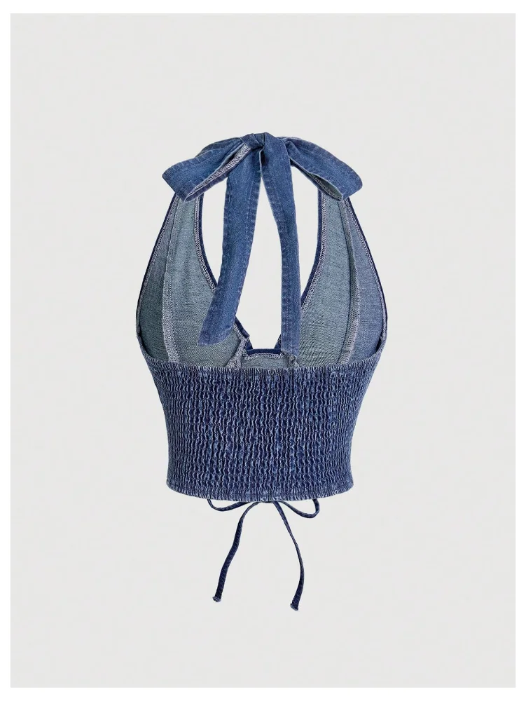 MAKEMECHIC Denim Backless Shirred Corset Top, view 2