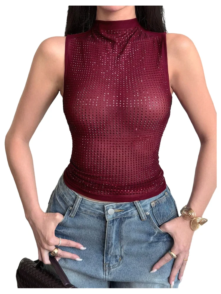 MAKEMECHIC Mesh Rhinestone Tank Top