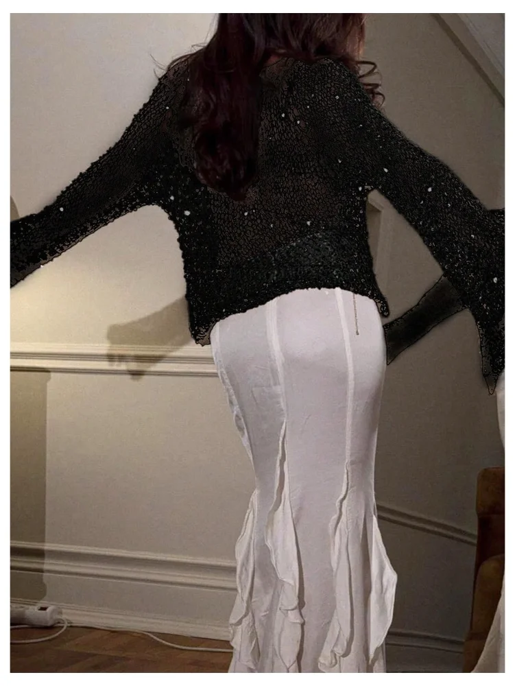 MAKEMECHIC Glitter Sequin Crochet Sweater, view 3