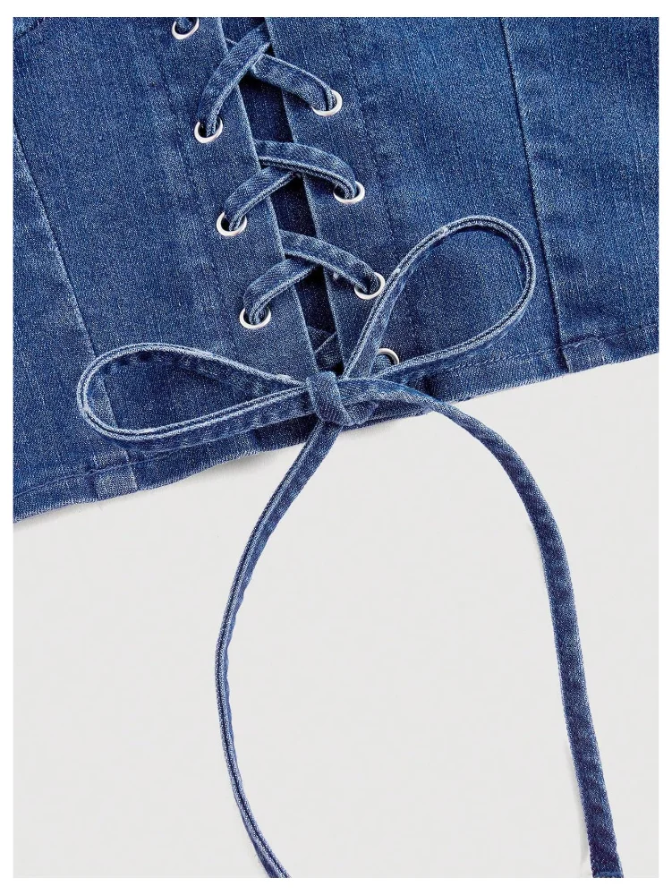 MAKEMECHIC Denim Backless Shirred Corset Top, view 3