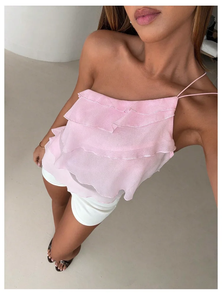 MAKEMECHIC Ruffle Asymmertical One Shoulder Tank Top, view 3
