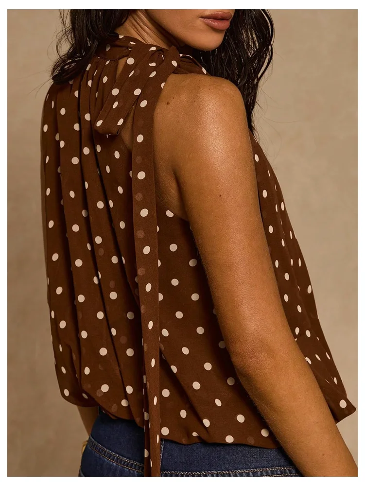 MAKEMECHIC Polka Dot Bubble Tie Halter Top, view 2