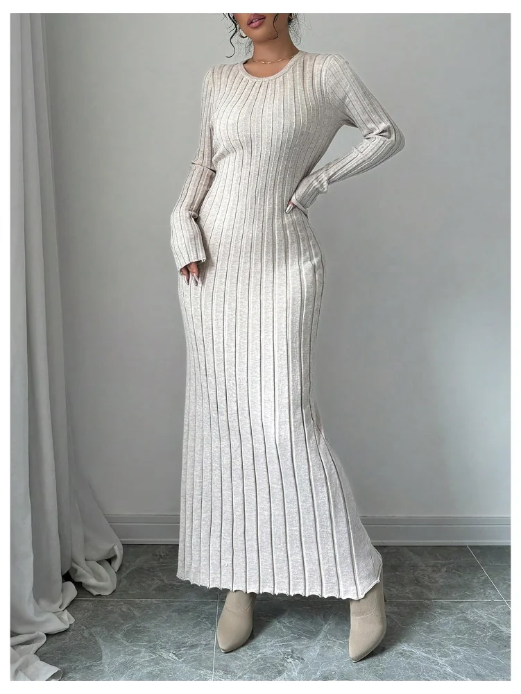 MAKEMECHIC Crew Neck Rib Knitted Maxi Dress, view 3
