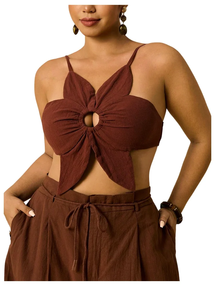 MAKEMECHIC Floral Cut Out Tie Back Crop Top