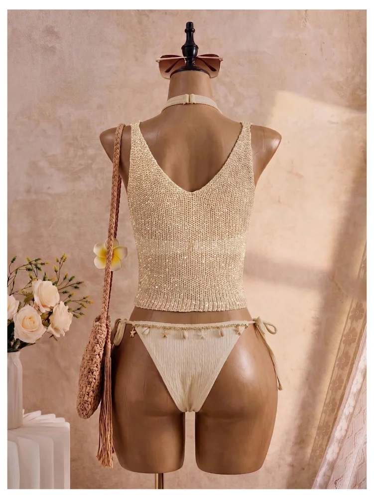 MAKEMECHIC Crochet Beach Cover-Up in Gold, view 3