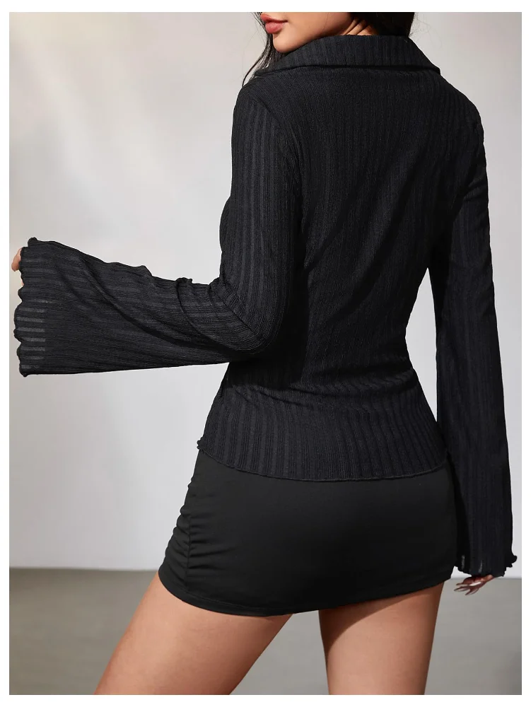MAKEMECHIC Button Up Bell Sleeve Mesh Shirt, view 2