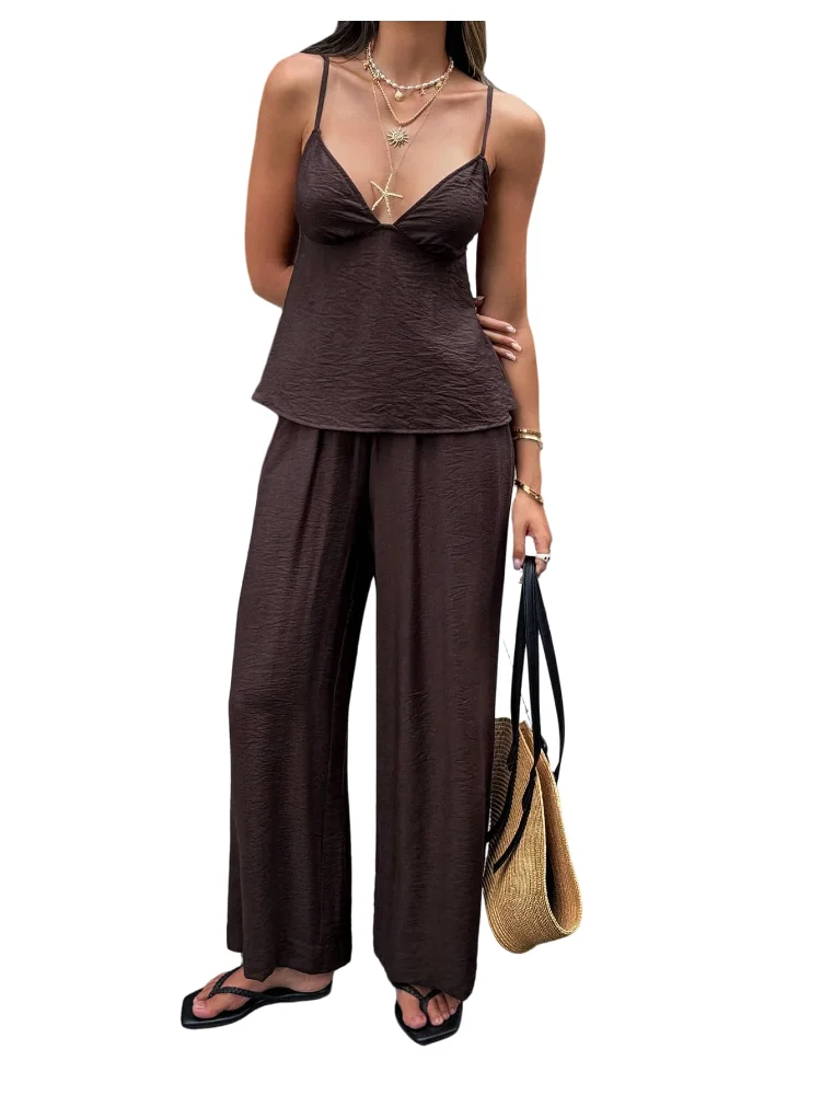 MAKEMECHIC Deep V-Neck Flowy Pants Set