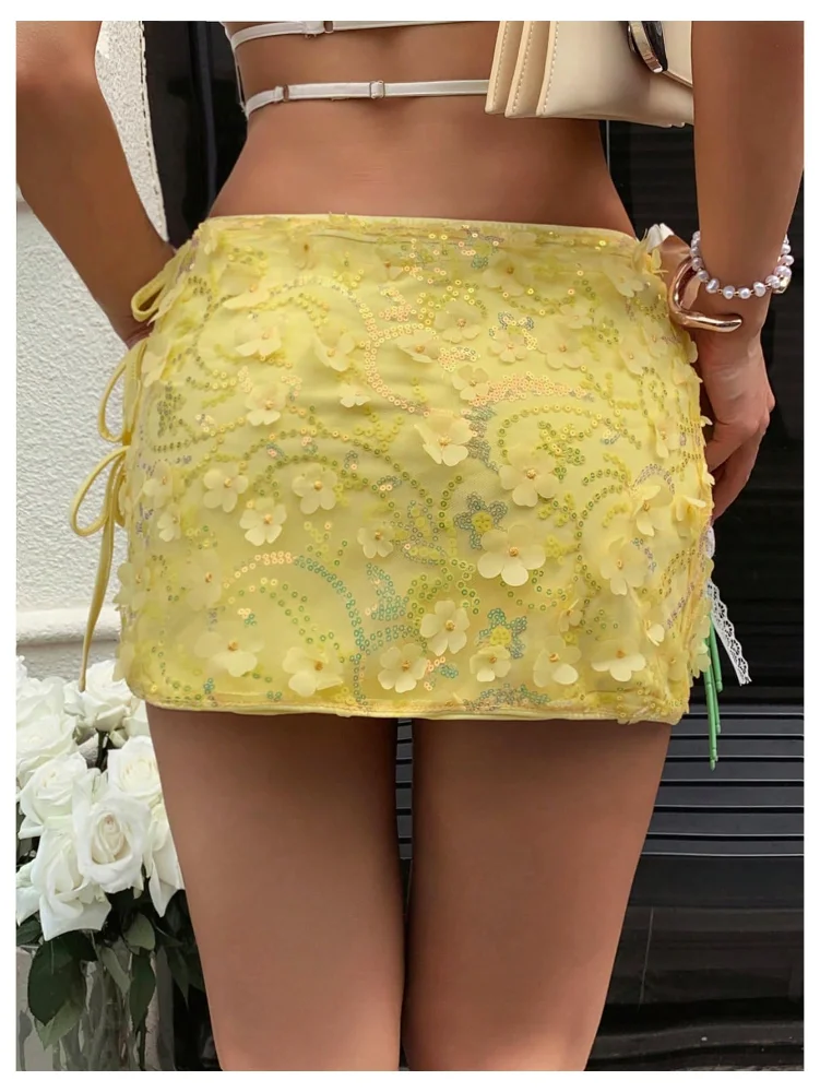 MAKEMECHIC Floral Sequin Bow Mini Skirt, view 2