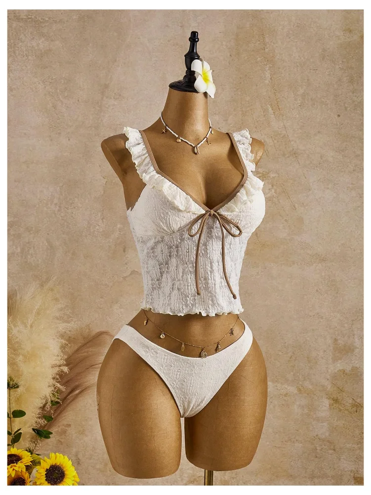 MAKEMECHIC Floral Lace Ruffle Tankini, view 2