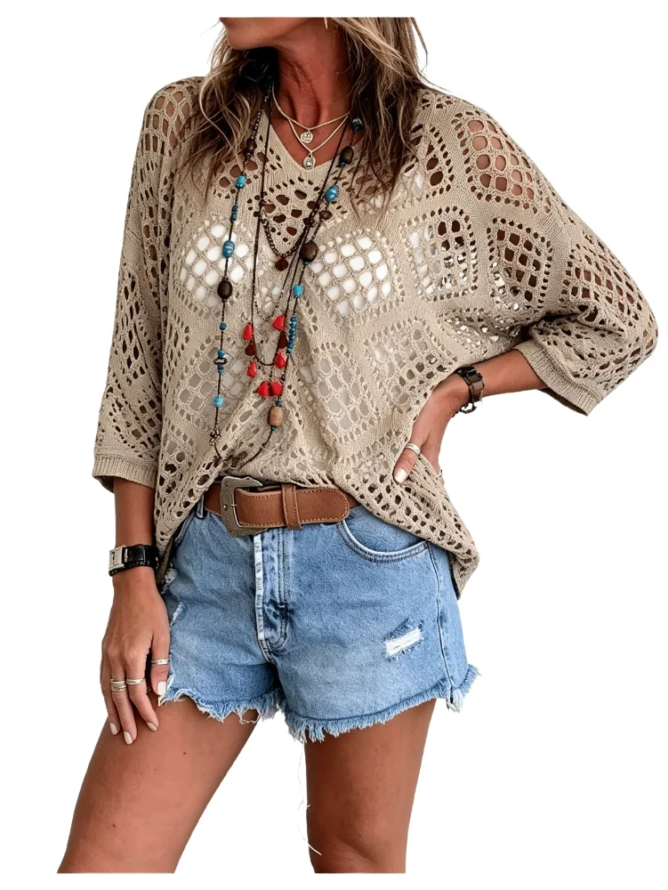 MAKEMECHIC Crochet Hollow Knit Beach Cover-Up