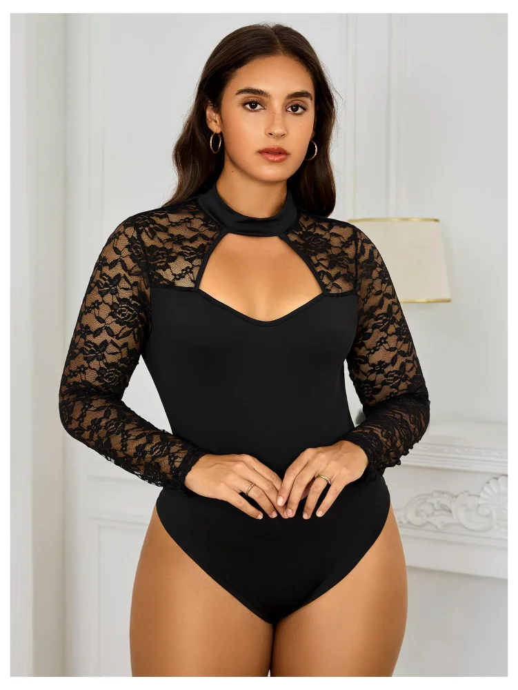 MAKEMECHIC Floral Lace Mock Neck Bodysuit, view 3