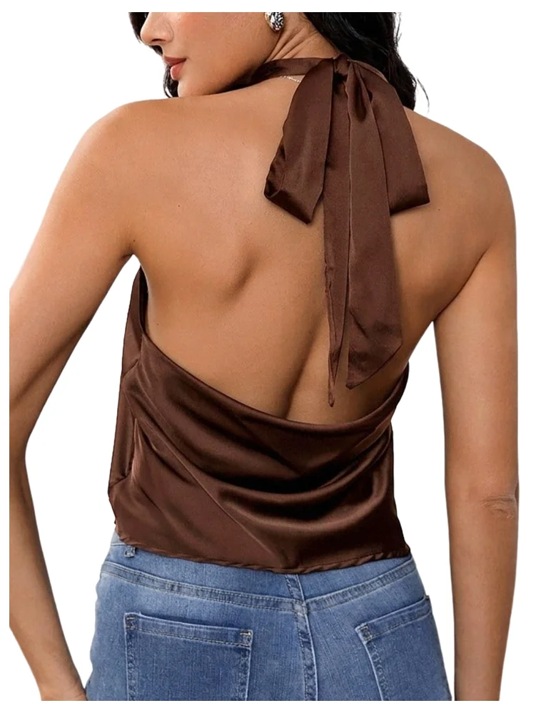 MAKEMECHIC Satin Silk Open Back Halter Top