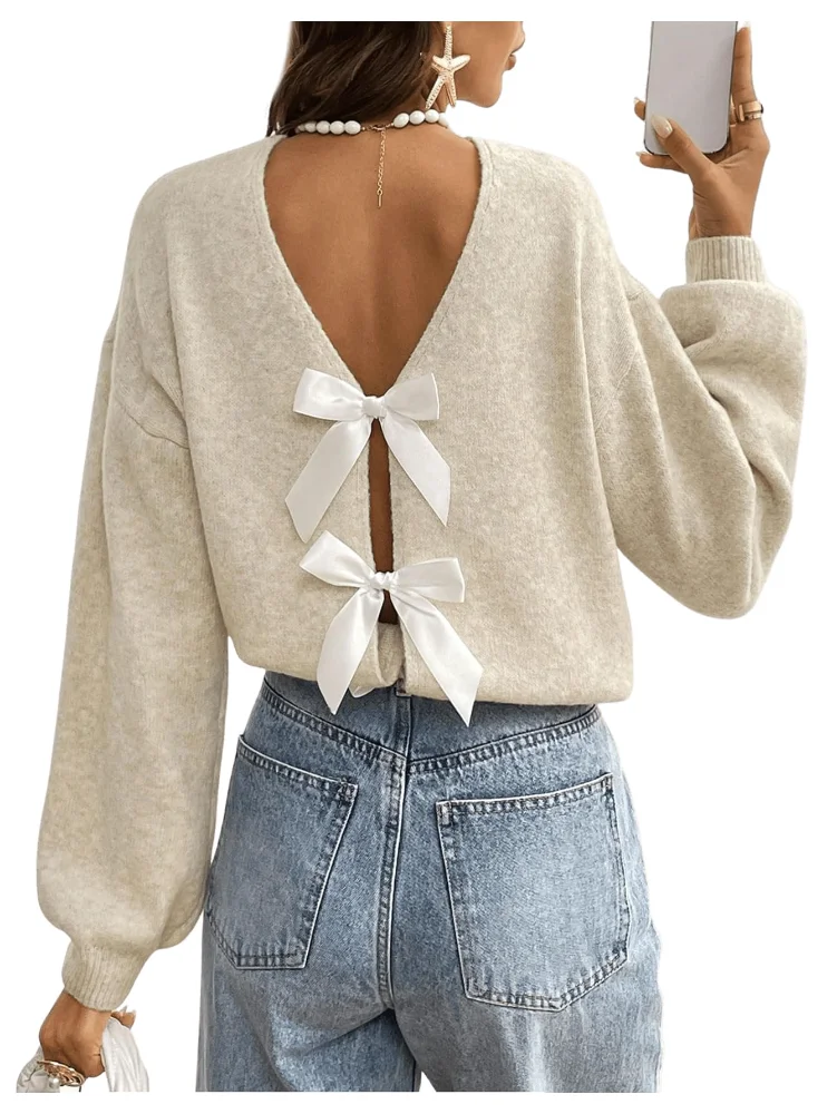 MAKEMECHIC Open Back Long Sleeve Bow Cardigan