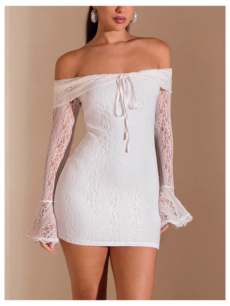 MAKEMECHIC Lace Off The Shoulder Long Sleeve Mini Dress, view 3