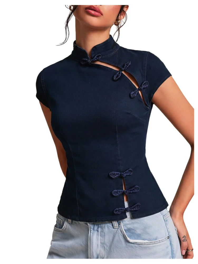 MAKEMECHIC Denim Cheongsam Mandarin Top