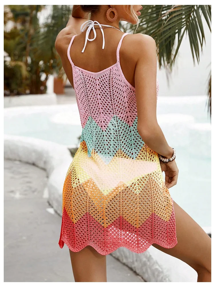 MAKEMECHIC Crochet Color Block Hollow Beach Cover-Up, view 3