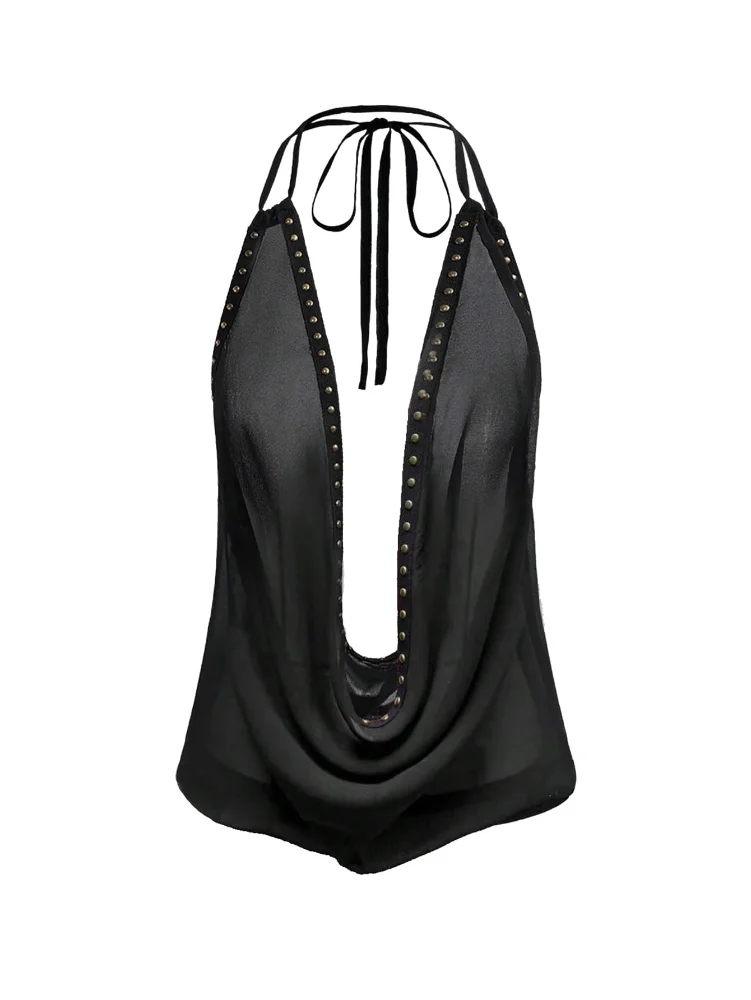 MAKEMECHIC Sheer Mesh Cowl Neck Halter Top, sleeveless
