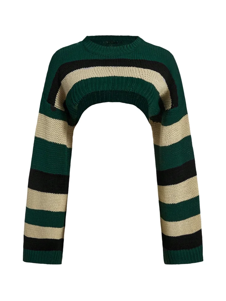 MAKEMECHIC Striped Crop Crew Neck Sweater