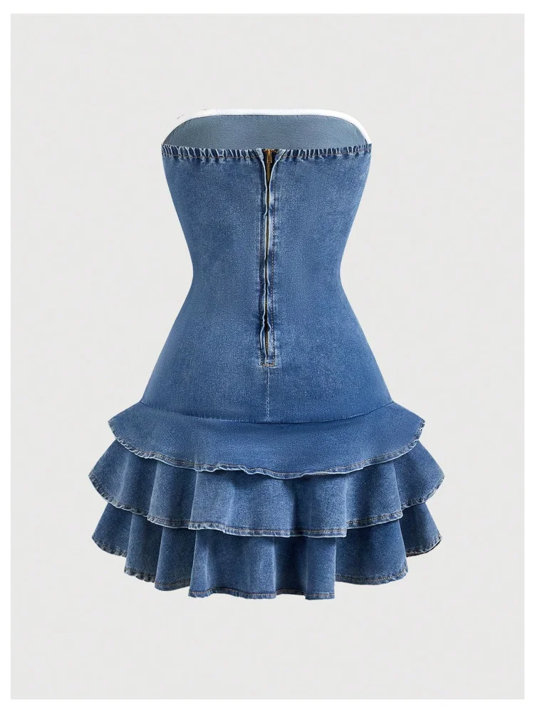 MAKEMECHIC Layered Ruffle Denim Mini Dress, view 2