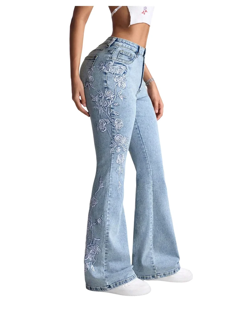 MAKEMECHIC Floral Embroidery Flared Jeans