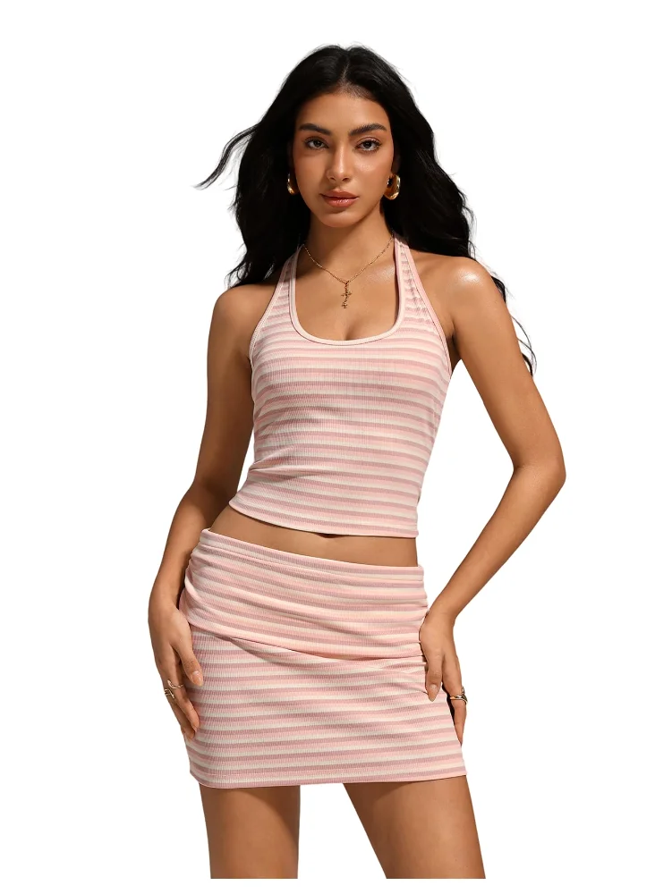 MAKEMECHIC Striped Crop Bodycon Two-Piece Set