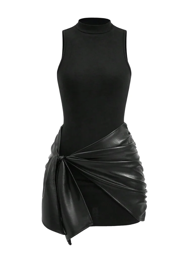 MAKEMECHIC Crew Neck Sleeveless Leather Dress, sequin