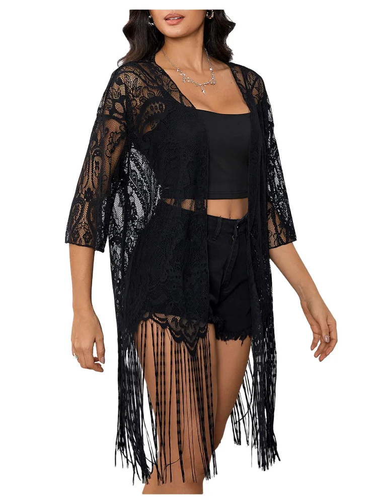 MAKEMECHIC Fringe Lace Long Cardigan