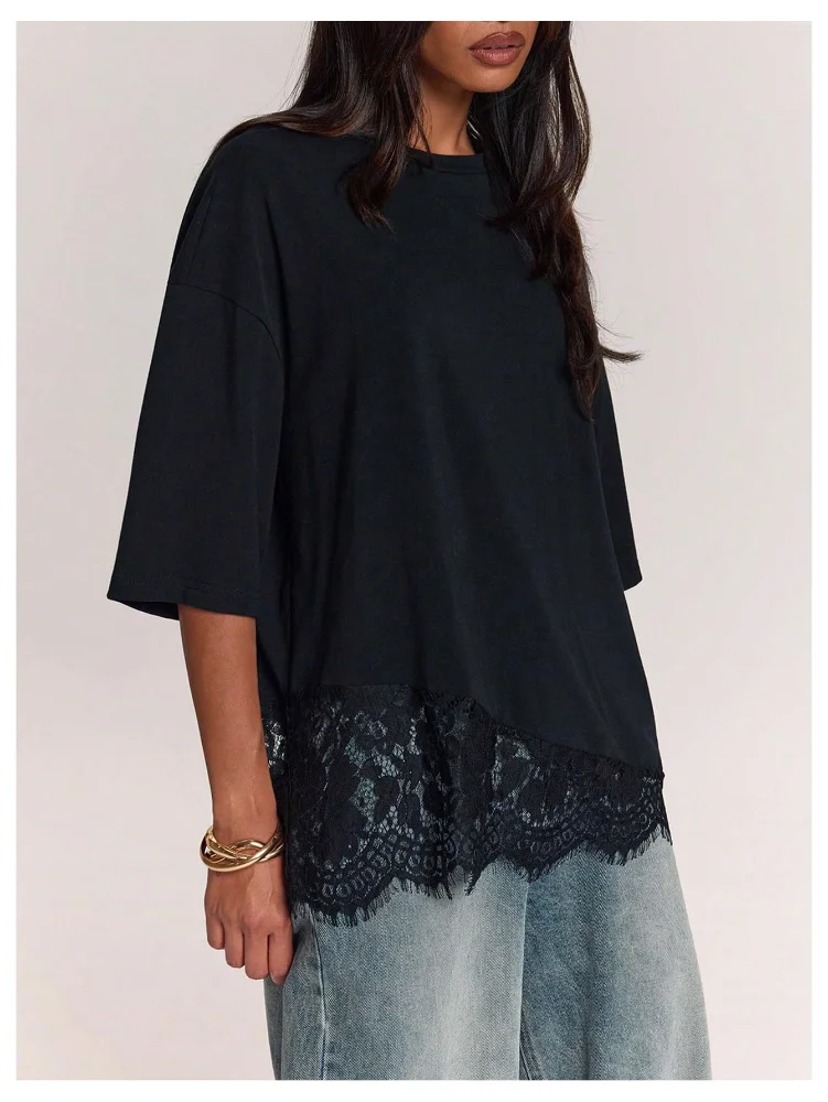 MAKEMECHIC Lace Trim T Shirt, view 2