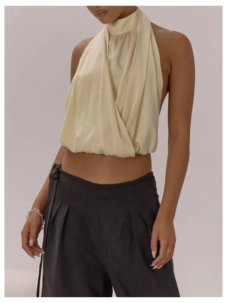 MAKEMECHIC Draped Tie Open Back Halter Top, view 3