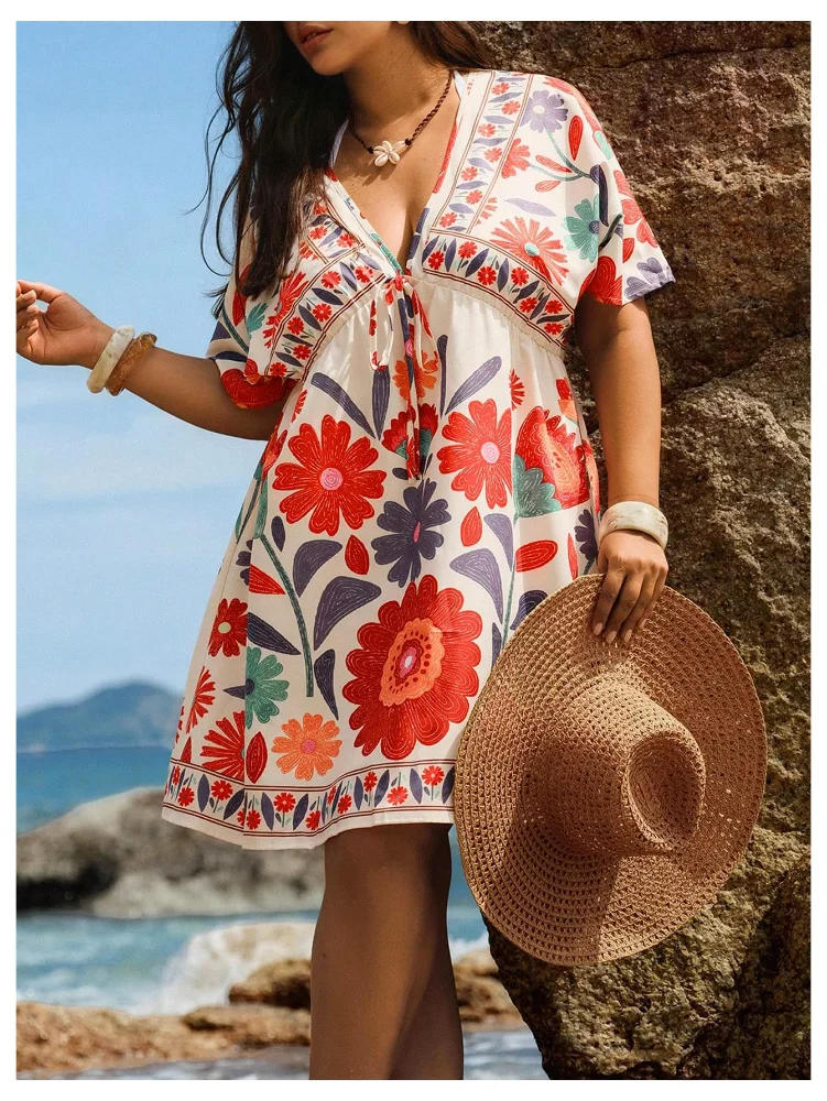 MAKEMECHIC Floral V-Neck Short Sleeve Beach Cover-Up, view 2