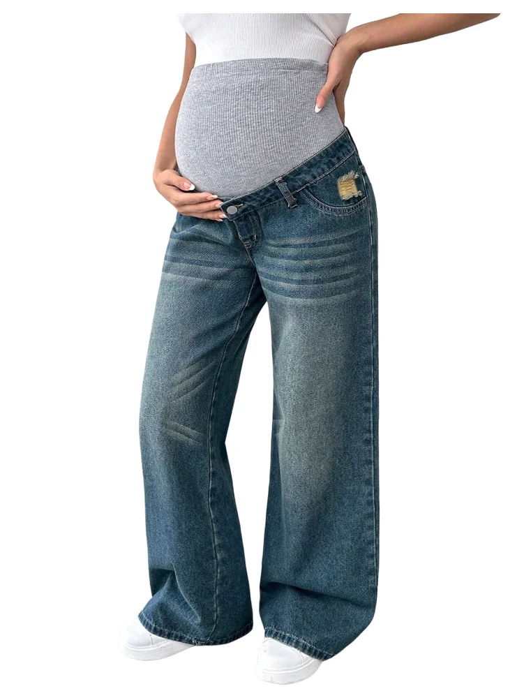 MAKEMECHIC Wide Leg Over The Belly Denim Maternity Jeans