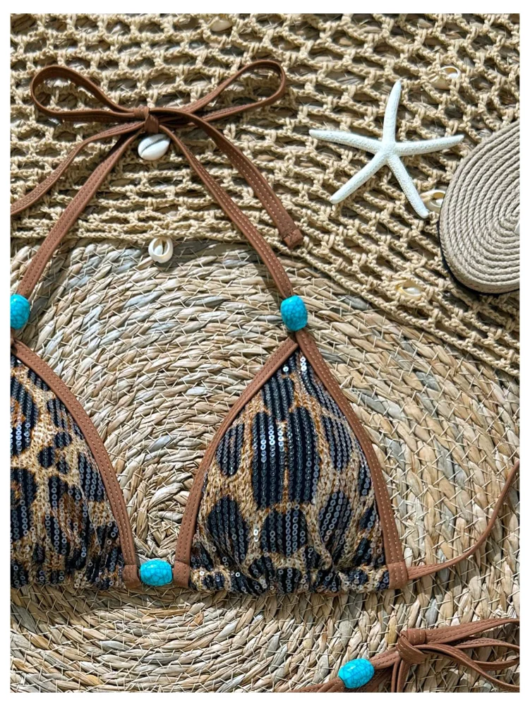 MAKEMECHIC Cheetah Print Sequin Sparkly Bikini Set, view 3