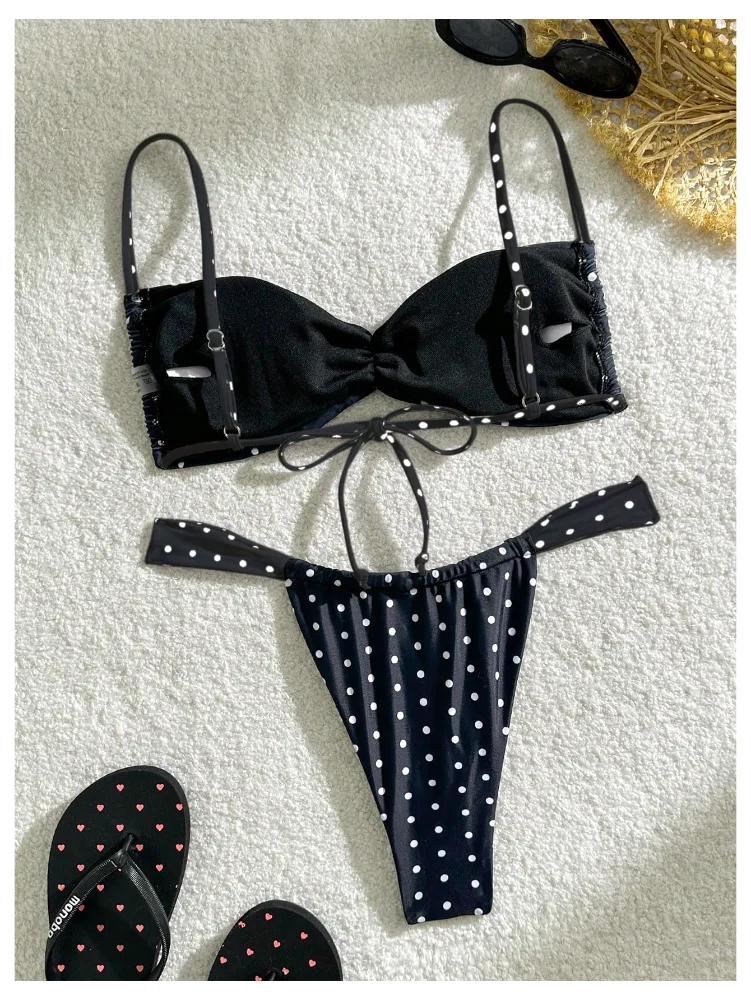 MAKEMECHIC Polka Dot Tie Back Thong Bikini Set, view 2