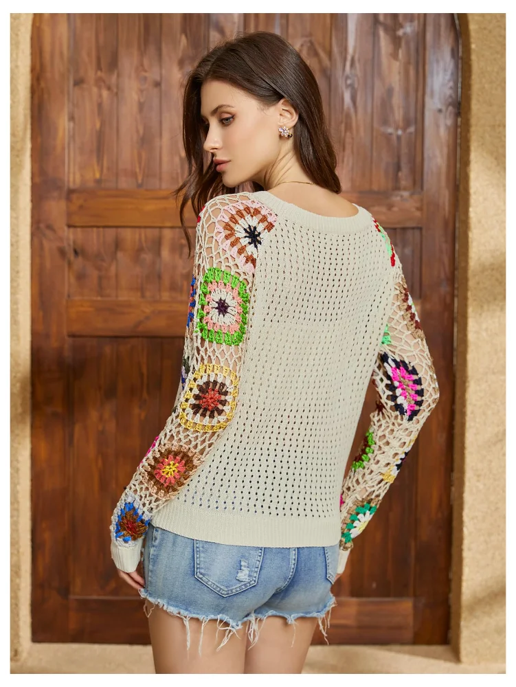 MAKEMECHIC Floral Crochet Long Sleeve Sweater, view 2