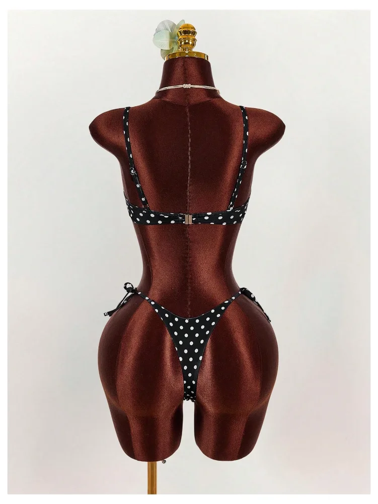 MAKEMECHIC Polka Dot Floral Thong Bikini Set, view 3