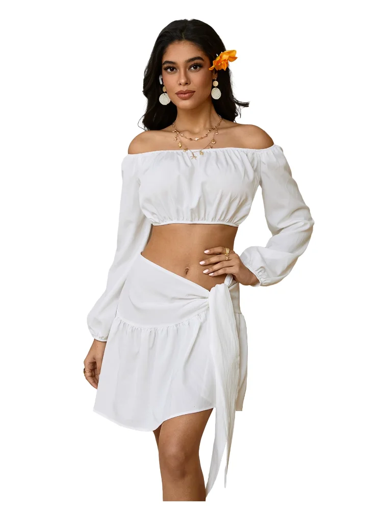 MAKEMECHIC Off The Shoulder Long Sleeve Crop Two-Piece Set