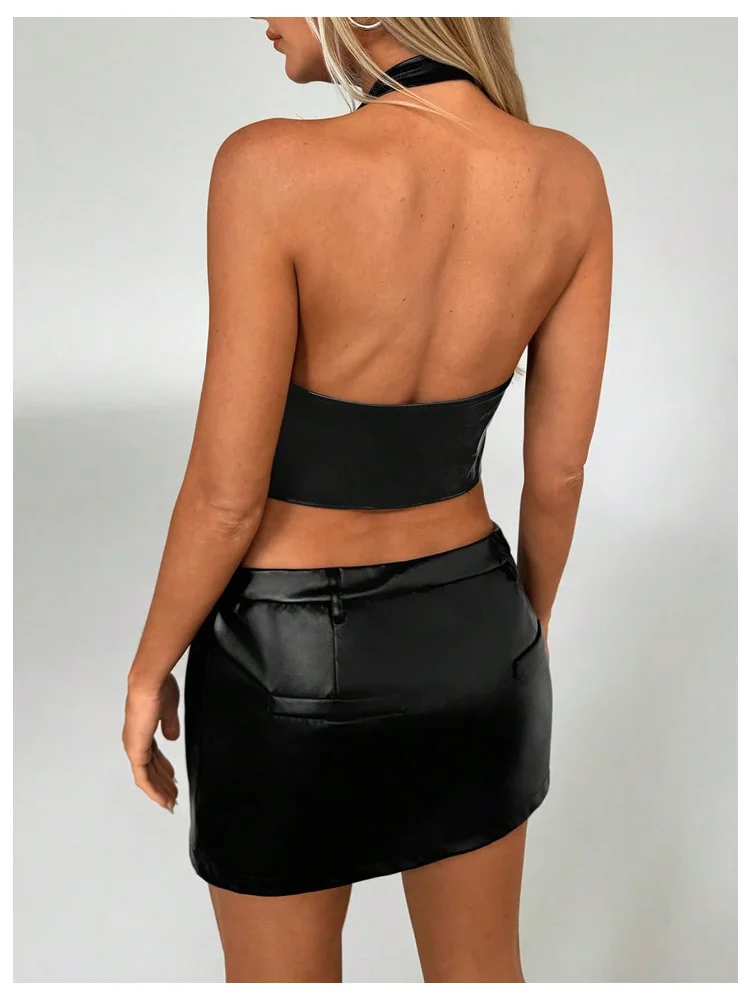 MAKEMECHIC PU Leather Buckle Crop Corset Top, view 3