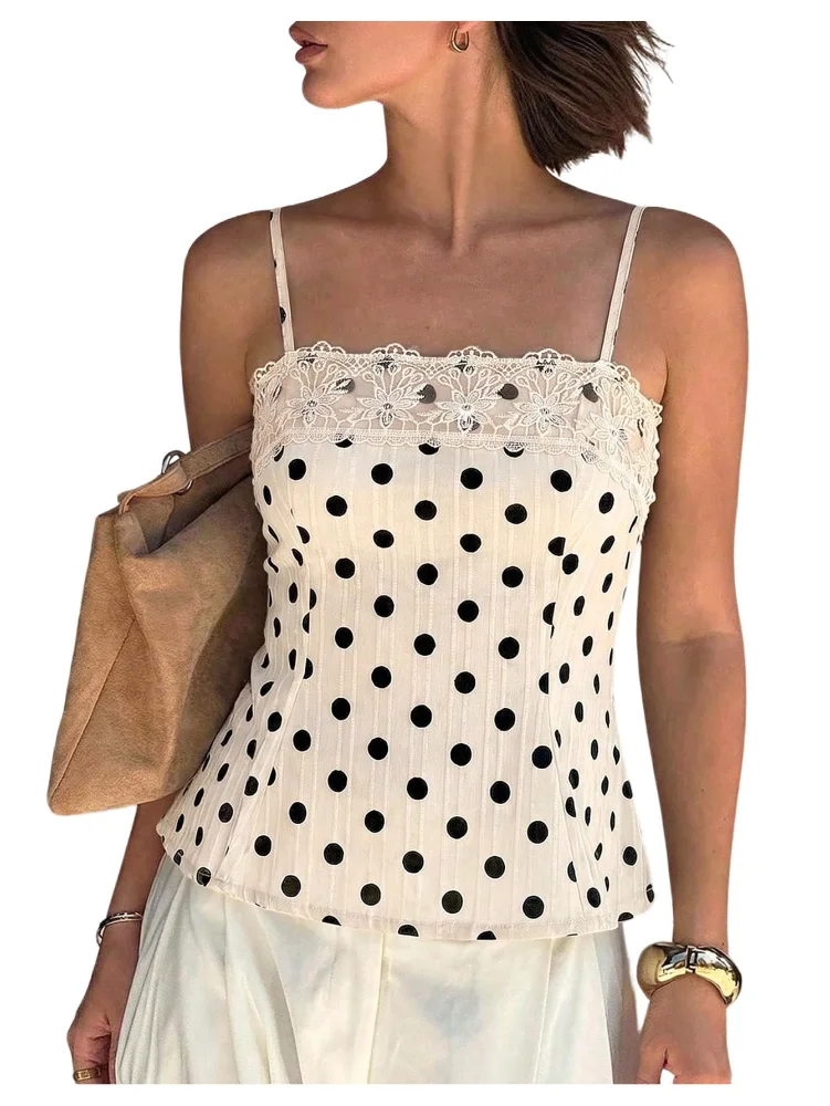 MAKEMECHIC Polka Dot Lace Peplum Tank Top