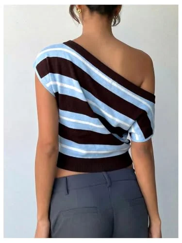 MAKEMECHIC Striped Short Sleeve One Shoulder Sweater, view 3