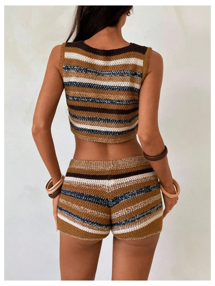 MAKEMECHIC Striped Knit Crop Shorts Set, view 3