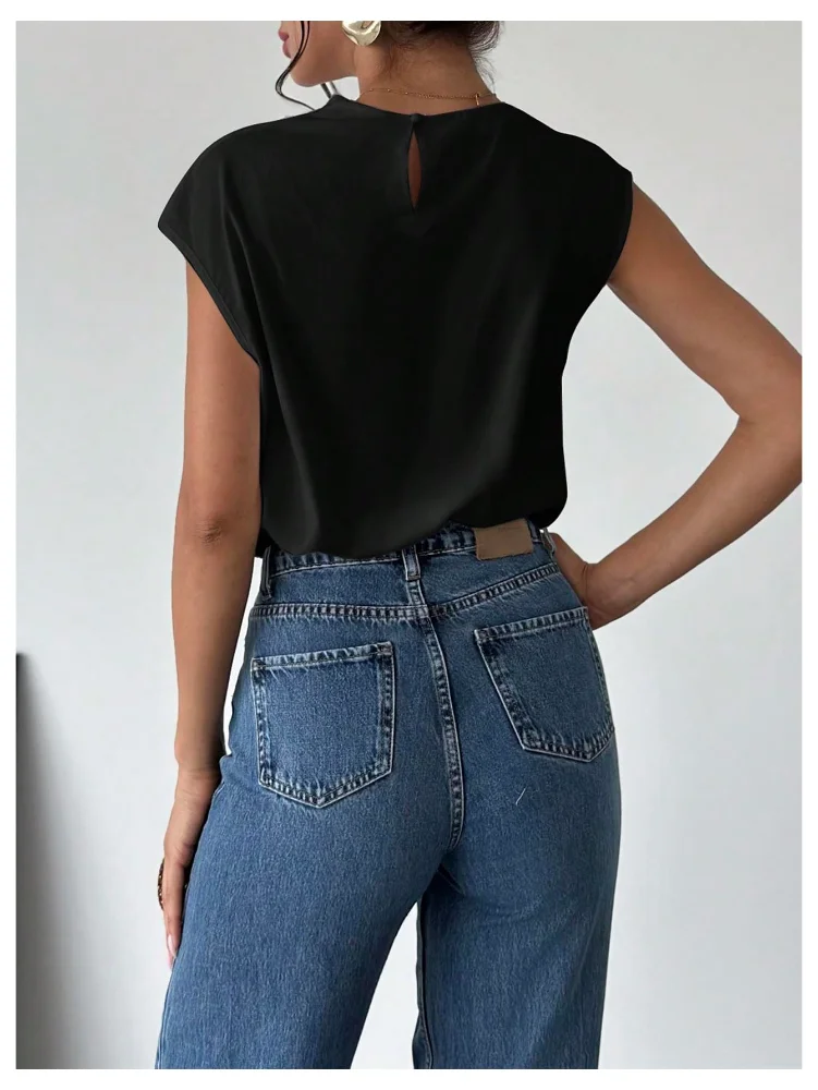 MAKEMECHIC Mock Neck Cap Sleeve Blouse, view 2