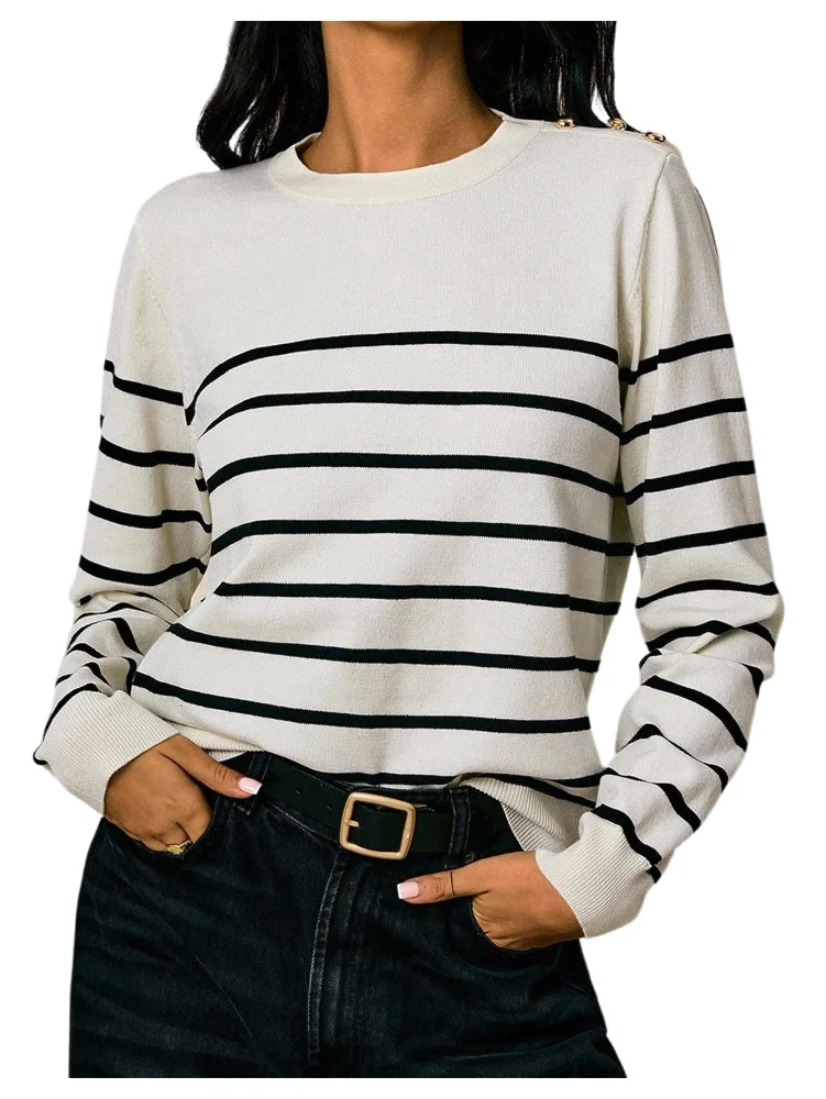 MAKEMECHIC Striped Crew Neck Metal Sweater