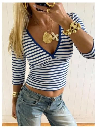 MAKEMECHIC Striped Wrap V-Neck Shirt, view 3